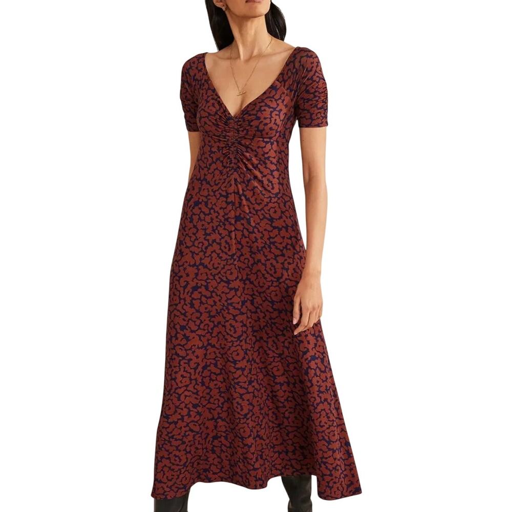 Boden Ruched Midi Dress Womens Size 16/18R Rust Navy Stretch Jersey Career XL